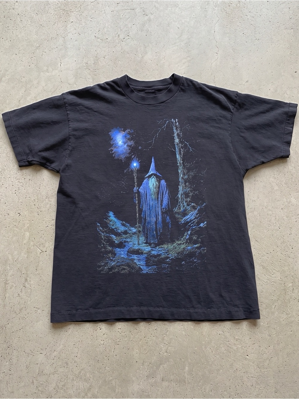 Fantasy Wizard Glowing Staff Dark Forest Faded Black Graphic T-Shirt